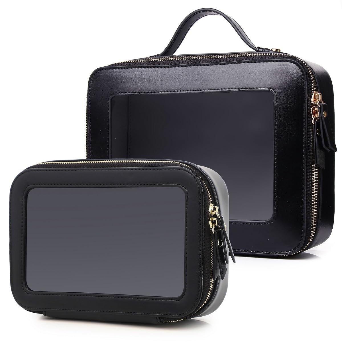 Pinkmik Clear Makeup Bag for Women Waterproof Travel Cosmetics and Toiletries Case Portable Makeup Oaganizer Bag Clear Car Bag with Zipper (Black, M+L-1)