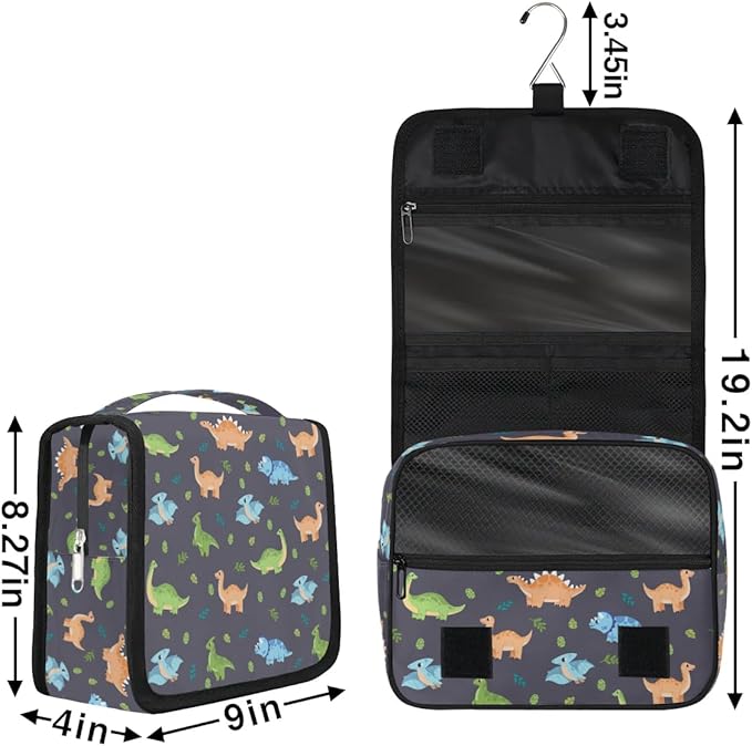 OMFUNS Cute Dinosaur Hanging Travel Toiletry Kit Bag with Hook for Men and Boys, Cartoon Dino Makeup Case Waterproof Cosmetic Bag Storage Bag Organizer for Accessories Toiletries