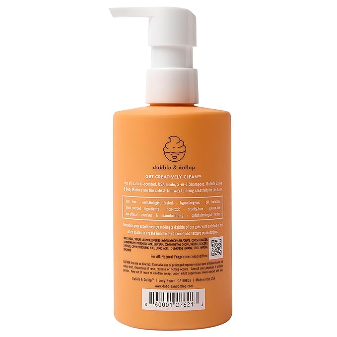 Dabble & Dollop Tangerine Kids 3-in-1 Body Wash, Shampoo & Bubble Bath – Tear-Free, Gentle, Natural-Origin, Hypoallergenic and Safe for Sensitive Skin (10 fl oz, Pack of 2)