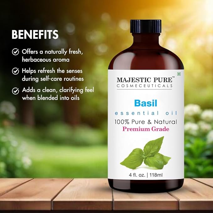 Majestic Pure Basil Essential Oil for Diffuser - 4 Fl Oz