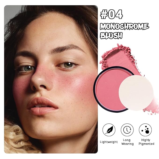 HHLTOH Natural Single Matte for Face Cheeks Blush with Makeup Powder Puff, Warm Orange Red Monochrome Blush Cream Powder Makeup Palette Blushes Long-lasting Blendable Foundation for Women Every Day 04