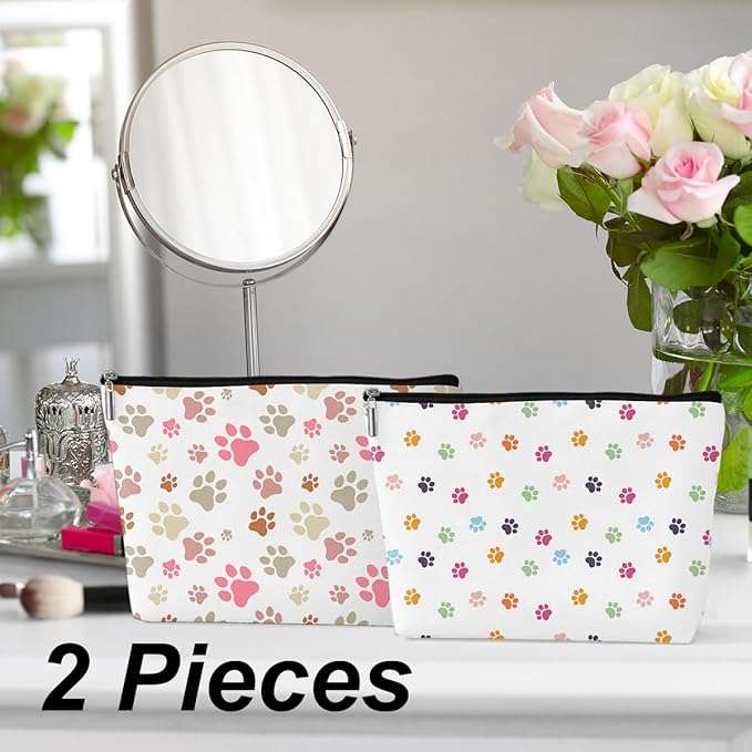 2 Pcs Colorful Dog Footprints Makeup Bag, Travel Makeup Case Cosmetic Bags