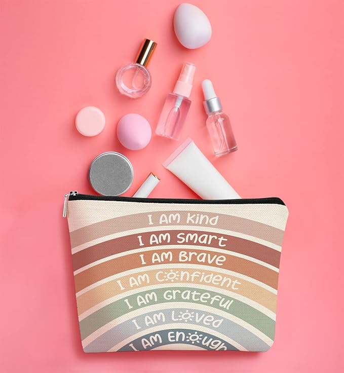 BARPERY I Am Kind I Am Smart I Am Brave Inspirational Makeup Bag,Makeup Bags for Women, Rainbow Cosmetic Bag Gift for Women,Inspirational Gifts for Women Teacher Coworker