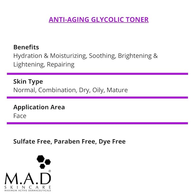 M.A.D Skincare Glycolic Face Toner - 7% AHA Skin Resurfacing Treatment for Age Spots & Firming - Deep Pore Minimizer & Hydrating Amino Acid Formula - Safe for All Skin Types - 6.75 fl oz