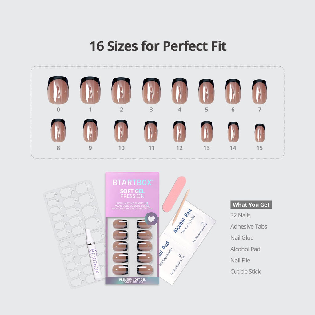 BTArtbox Press On Nails, Braveheart, Short Square, Black French Tip, 30Ct