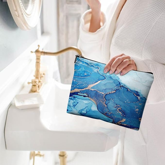 Givotin Small Makeup Bag for Purse Cute Canvas Waterproof Cosmetic Bags for Women Zipper Travel Toiletry Pouch-Blue Marble Makeup Bags