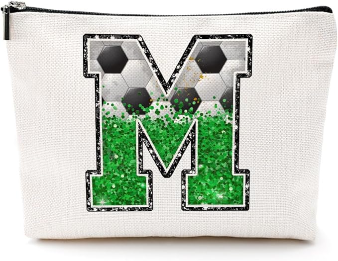 CQM Soccer Gifts Initial Makeup Bag Soccer Girl Gifts Cosmetic Bag Letter M
