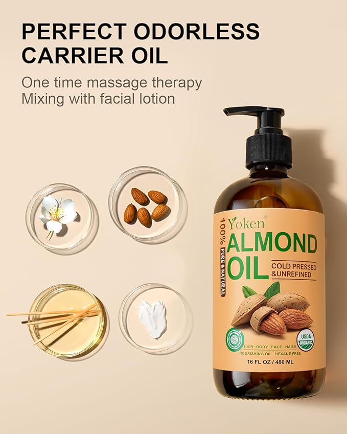 Yoken Organic Almond Oil 16 oz Glass Bottle, Cold Pressed for Skin & Hair