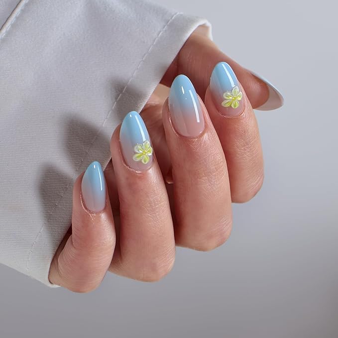 BTArtbox Press On Nails, Garden Party, Short Almond, Blue 3D Flower, 32Ct