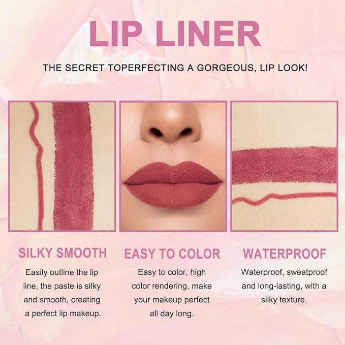 HHLTOH 2-in-1 Mauve Red Lip Liner & Lipstick Set Kit for Women, Matte Lips Kit with Lip Liner Lip Stains Long Lasting Waterproof 24 Hour Lipstick and Lip Liners Combo Lipliners Pencil Set 13