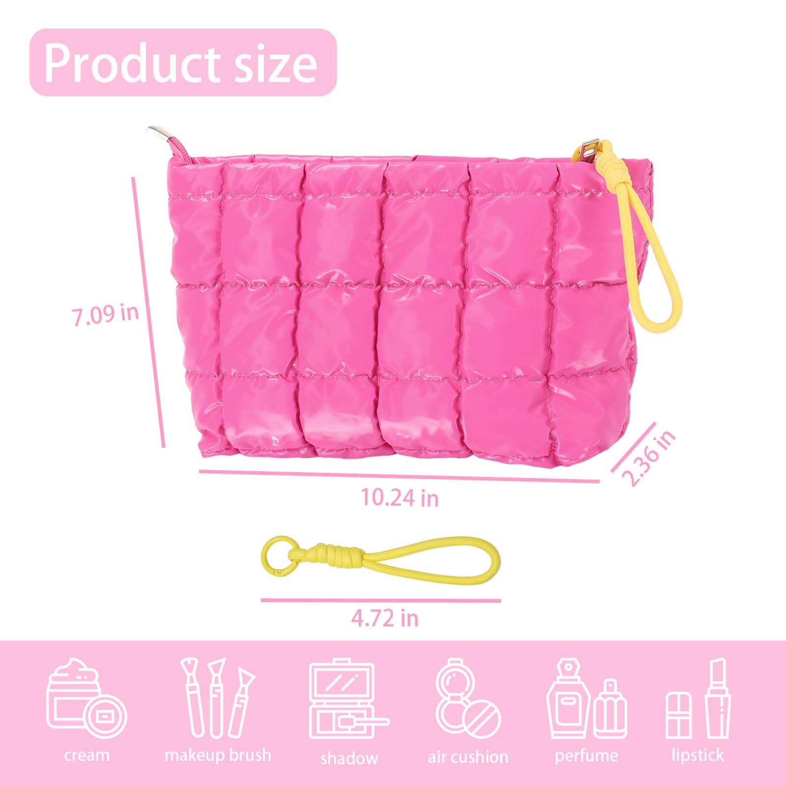 Beayuva Puffer Quilted Makeup Bag Travel Cosmetic Bag Portable Puffy Checkered Toiletry Pouch Skincare Organizer Purse Pencil Case (Hot Pink)