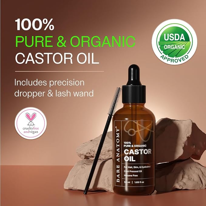 Bare Anatomy 100% Pure & Organic Castor Oil Cold Pressed, Unrefined, USDA Certified, Hexane-Free | For Hair Growth, Thicker Eyelashes & Eyebrows| Suitable for Body, Skin & Nails | 50 ml