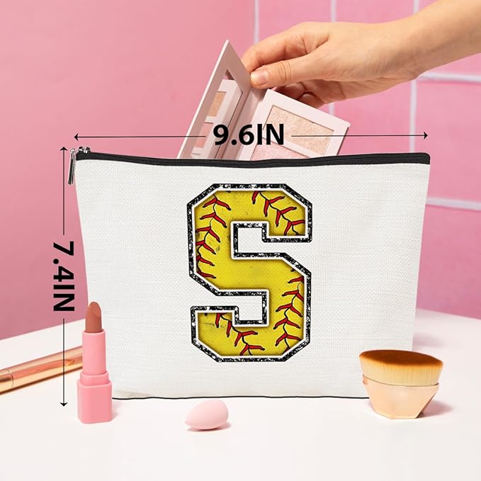Softball Gifts Initial S Makeup Bag Softball Gifts for Team Cosmetic Bag