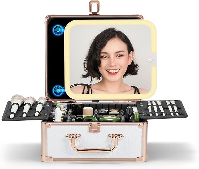 OMIRO Makeup Case, Makeup Bag with Light Up Mirror Set, Makeup Organizer Bag with Magnet Makeup Mirror for Women (Snow White)