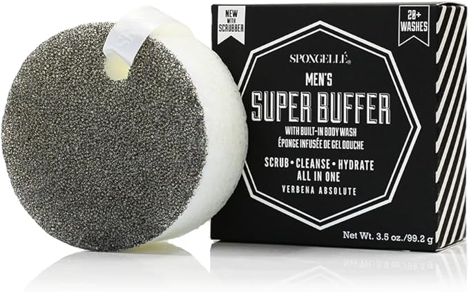 Spongellé Men's Super Buffer, Verbena Absolute | 20+ Washes | Body Wash Infused Exfoliating Body Scrubber | Loofah Sponge For Men | Gift for Father's Day, Vegan, Dermatologist-Tested, Made in USA