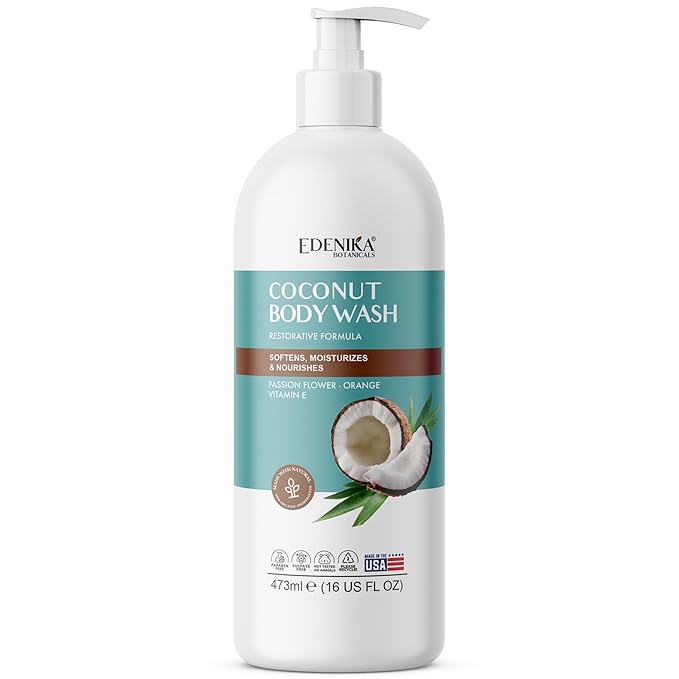 EDENIKA BOTANICALS Coconut Body Wash, Cleans, Softens & Nourishes, Ultra Moisturizing Shower Gel for Dry and Sensitive Skin, Women & Men, Organic & Natural, 16 fl oz, 2-Pack