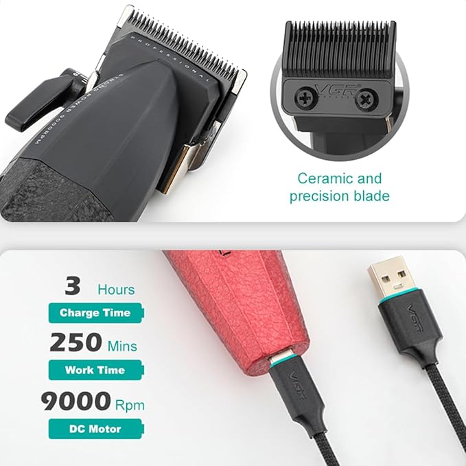 VGR 640 Professional Hair Clippers for Men with Clipper Trimmer Set, Red