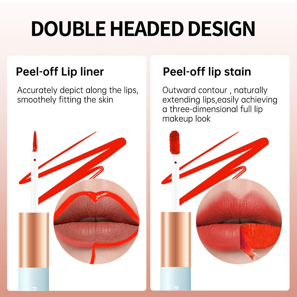 Matte Lip Stain Peel Off Lip Gloss& Lip Liner 2-in-1: One end defines lips with precision liner, the other peels off to reveal long-lasting, waterproof, smudge-proof, transfer-proof matte color.5#