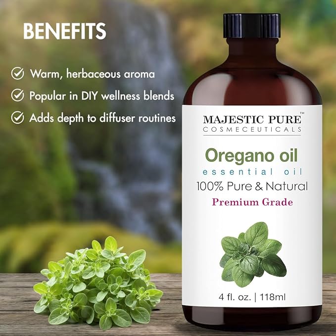 Majestic Pure Essential Oil with Glass Dropper - 100% Pure and Natural - Essential Oils for Diffuser, Aromatherapy, Soap and Candle Making, Oregano Essential Oil, Oregano Oil, 4 Fl Oz
