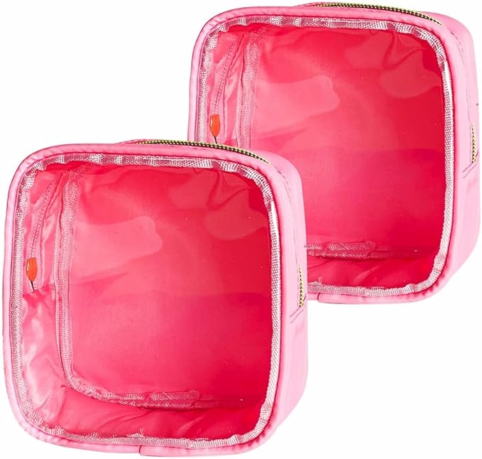 TotePrint 2PCS Pink clear Cosmetic Pouch Travel Cosmetic Case 5x5x2 inch Small Transparent Toiletry Pouch with Zipper Portabble Makeup Organizer for Women and Essentials