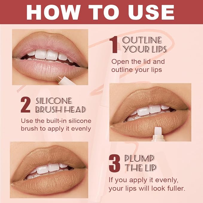QIDSTERS Plump Matte Crayon Lip Liner Pencil, Nude Lipstick Lip Liners for Women, 24 Hour Long-Lasting Lip Gloss Makeup, With Silicone Smudger for Define Contours & Sculpting Lip, 03