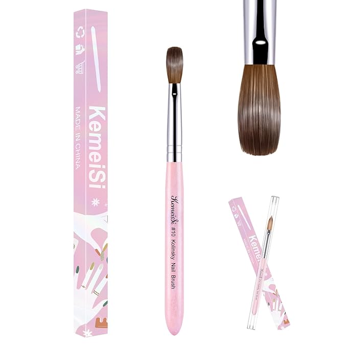 KEMEISI Acrylic Nail Brush Size #10, 100% Pure Kolinsky Nail Art Brushes for Acrylic Application, Sturdy Starry Handle Oval Shaped Nail Design Tools for Professional Manicure DIY, Pink