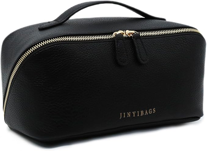 JINYIBAGS Travel Makeup Bag – Large Cosmetic Organizer with Waterproof PU Leather, Smooth Double Zipper & Tear-Resistant Lining, Toiletry Pouch for Women (Black)