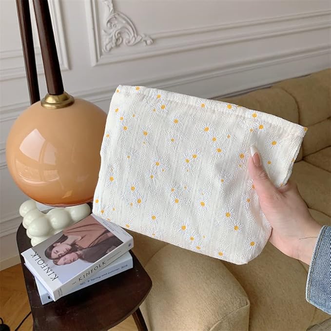 Flat Makeup Bag for Women,Zipper Cosmetic Pouch for Purse,Daisy Beige