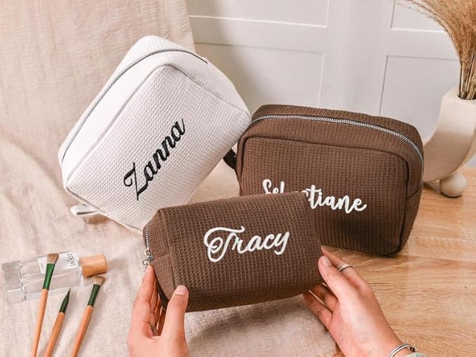 Personalized Embroidered Waffle Cosmetic Bags, Thicken Beauty Makeup Bag