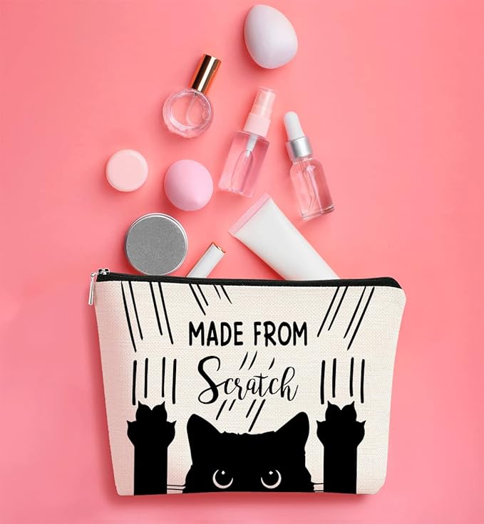 BARPERY Cat Made From Scratch Funny Kitty Kitten Paw Makeup bag,Cosmetic Bag Zipper Travel Toiletry Bag Best Gift Idea for Cat Lovers Teen Girls,Cat Owners Gifts,Birthday Christmas's Gift