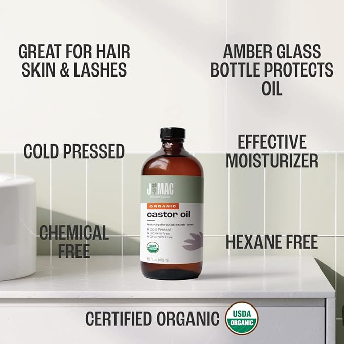 J MAC BOTANICALS Organic Castor Oil Cold Pressed in Amber Glass Bottle (16 oz) USDA Certified, Hexane Free - Moisturizing Oil for Hair, Skin, Face, Eyelashes, Brows, Nails, and Castor Wraps