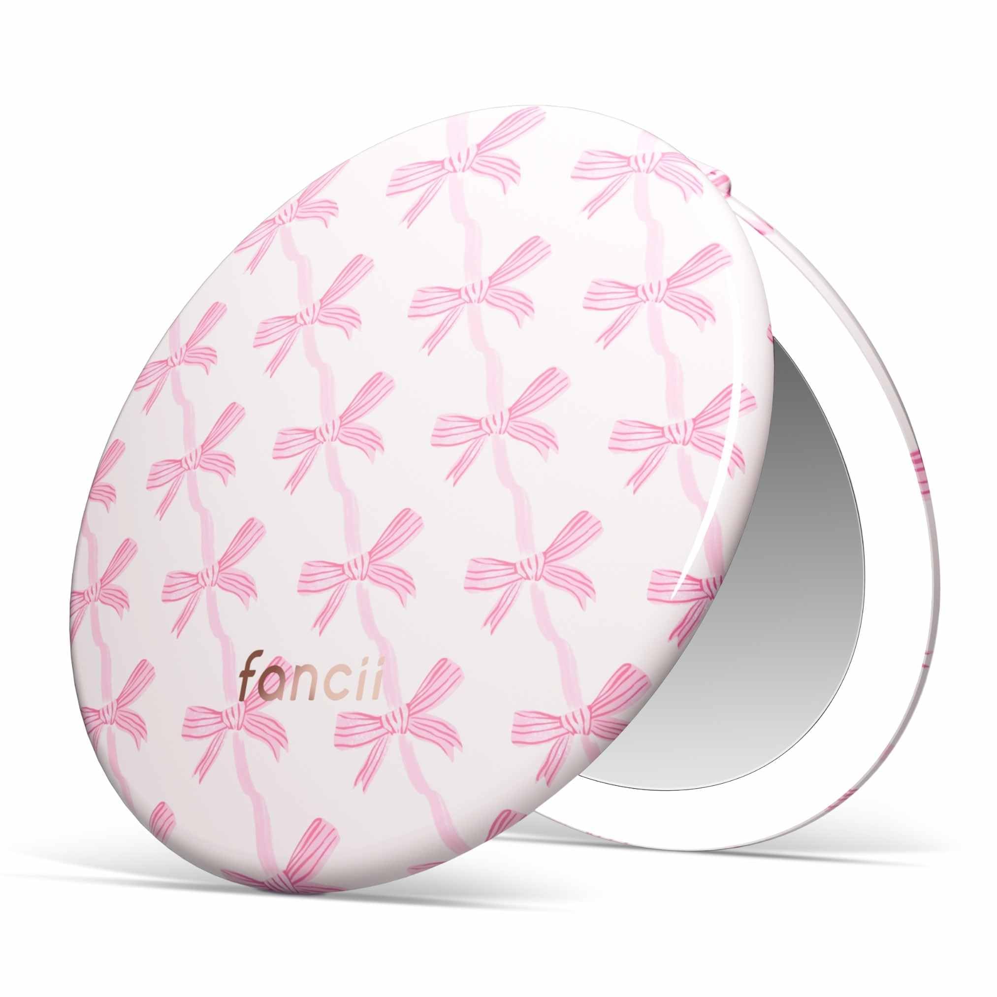 Fancii Taylor LED Lighted Travel Makeup Mirror, Rechargeable, 10x /1x Magnifying, Tru-Glow Lighting System, XL Large 5” Wide | Compact Mirror for Purses (Rosette Ribbon)