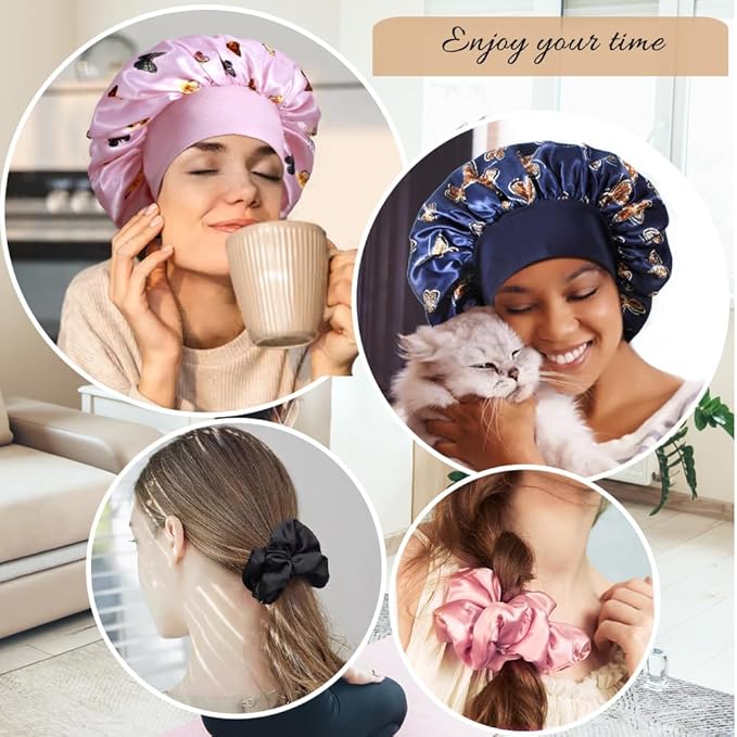 3+3 Large Satin Bonnets with Scrunchies for Women, Wide Band Hair Bonnet for Sleeping Braids Curly Hair, E