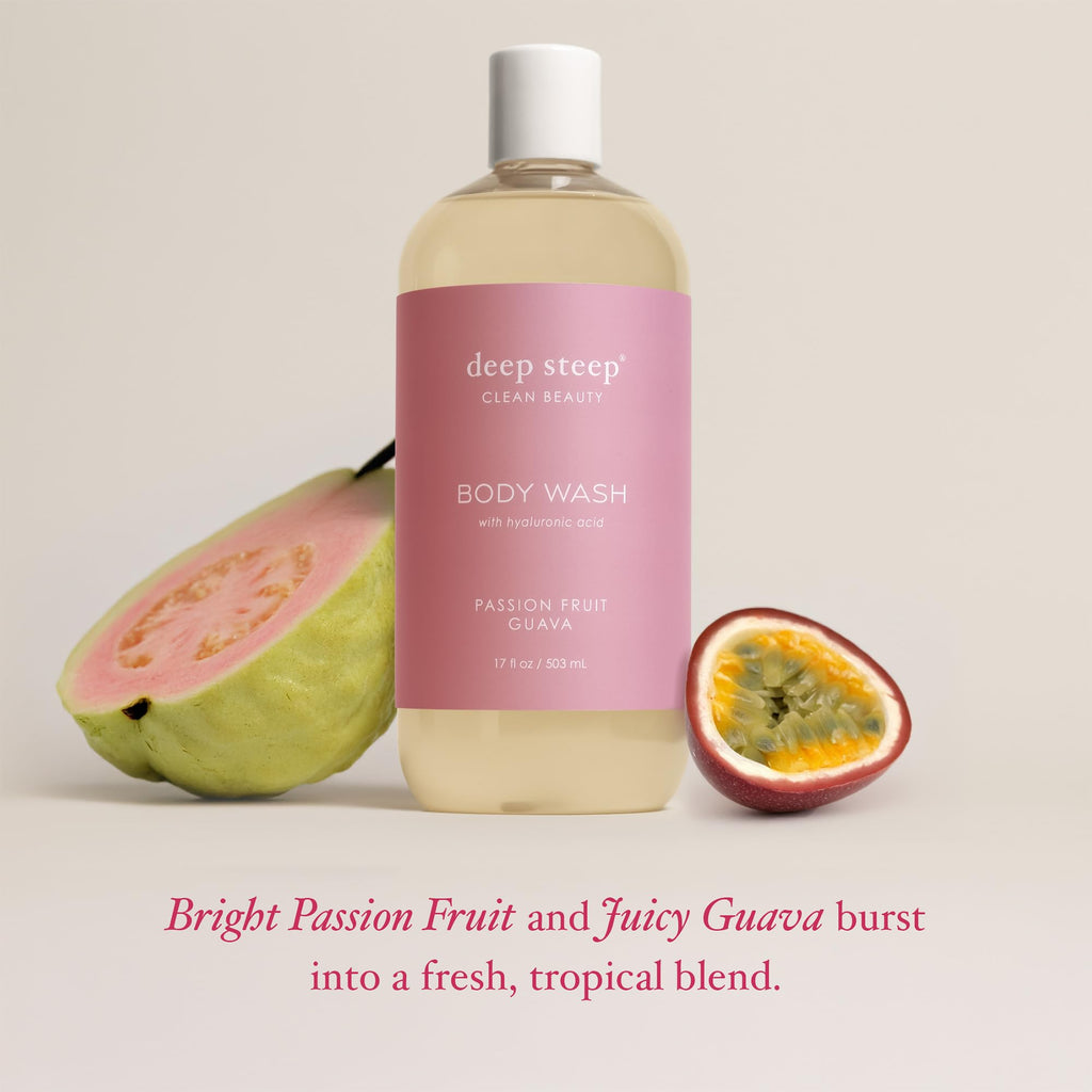 Deep Steep Passion Fruit Guava Body Wash, Hydrating Shower Gel with Hyaluronic Acid & Shea Butter for Sensitive Skin, Bodywash for Women & Men, 17 Fl Oz, 1-Pack