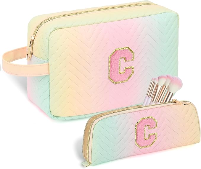 Sernaxi Personalized Initial Makeup Bag Waterproof Leather Cosmetic Bag Travel Toiletry Bag, Valentine’s Day Gift Makeup Organizer Case & Makeup Pouch for Women Teen Girls Mom Girlfriend Wife