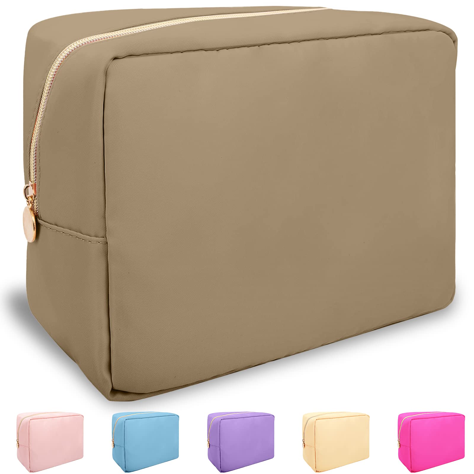 Nylon Large Makeup Bag Travel Pouch for Women, Preppy Big Makeup Bag Cute Cosmetic Zipper Pouch Purse, DIY Chenille Letter Bag Waterproof Toiletry Bag Clutch Make Up Organizer for Women Girls(Khaki)