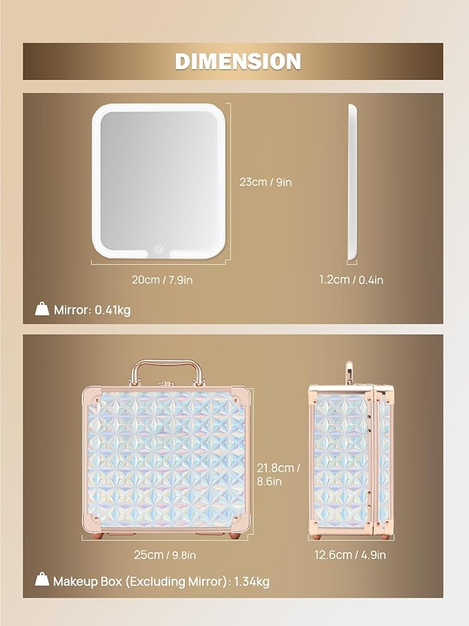OMIRO Makeup Case, Makeup Bag with Light Up Mirror Set, Makeup Organizer Bag with Magnet Makeup Mirror for Women and Girls(Diamond Blue)
