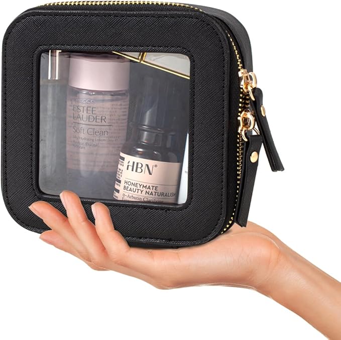 KOTORA Small Makeup Bag for Purse Travel Makeup Bag Clear Cosmetic Bag for Beach, Car Make Up Bag Organizer Storage Traveling Car Accessories Travel Beach Essentials for Women (Mini Black)