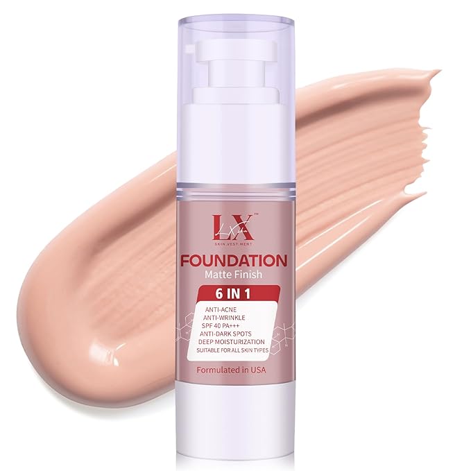 LXSKN 6-in-1 Makeup Infused with 1% Hyaluronic Acid- Matte + Poreless Liquid Foundation For A Glowing & Soft-Focus Look, Suitable for All Skin Types (108 Light, 6-in-1 Makeup Foundation)
