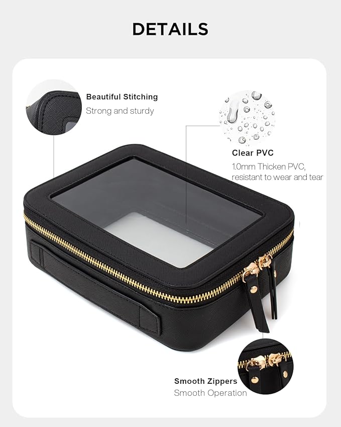 KOTORA Clear Sunscreen Makeup Bag Organizer Set,Portable Travel Toiletry Case for Women, Vegan Leather Cosmetic Pouch Beach Essentials Make Up Bag Organizer Storage Traveling (Black)