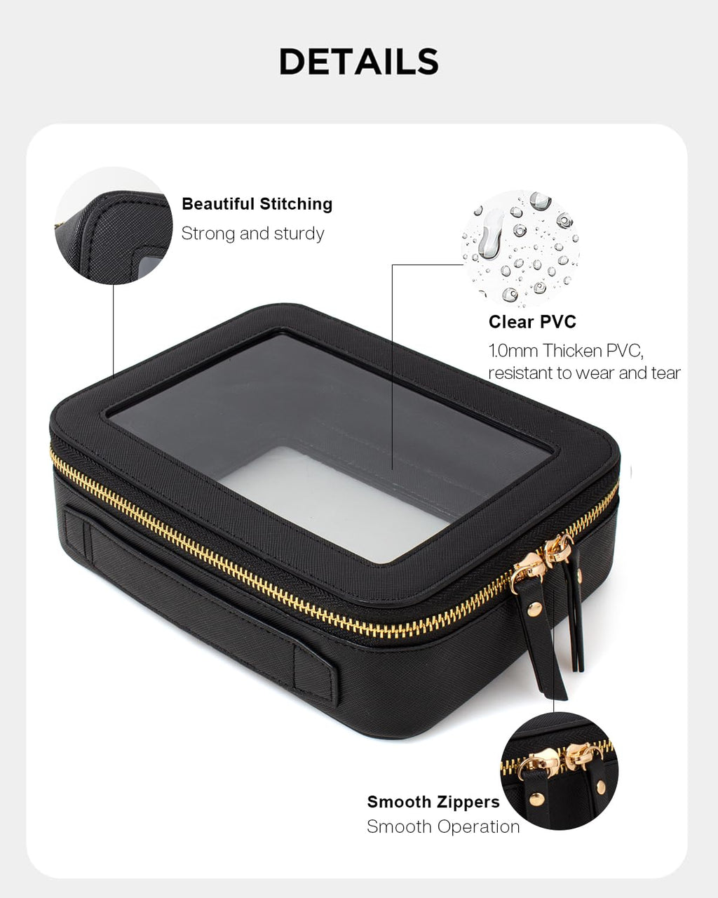 KOTORA Clear Sunscreen Makeup Bag Organizer Set,Portable Travel Toiletry Case for Women, Vegan Leather Cosmetic Pouch Beach Essentials Make Up Bag Organizer Storage Traveling (Black)