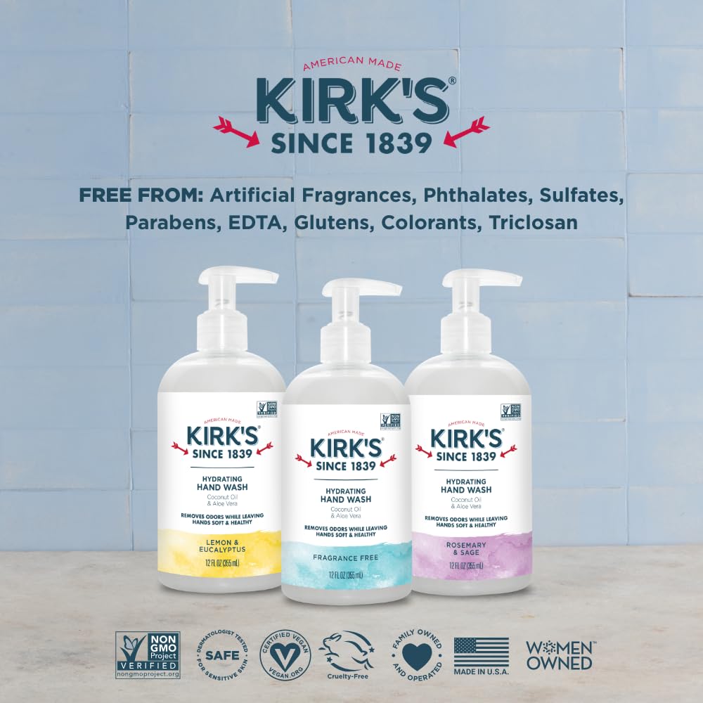 Kirk's Hydrating Hand Wash - Made with Coconut Oil and Aloe Vera, With Odor Neutralizing Technology To Help Eliminate Odors, Non-GMO, Vegan, Rosemary & Sage, 12 Fl Oz. 4 pack