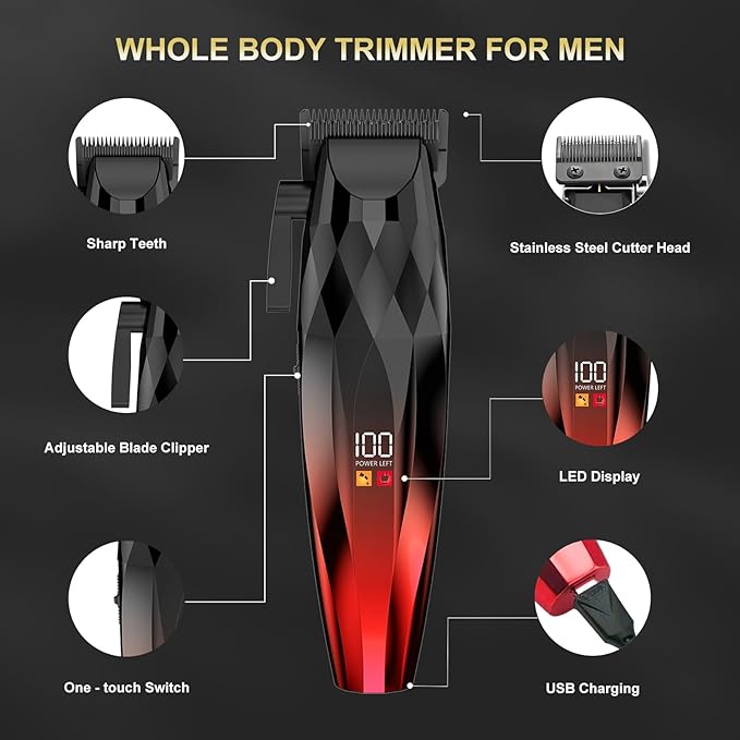 WAIKIL Professional Hair Clipper and Trimmer Set for Men, Cordless Barber Clippers with LED Display, Rechargeable Hair Cutting Kit for Hair, Beard and Grooming,Red