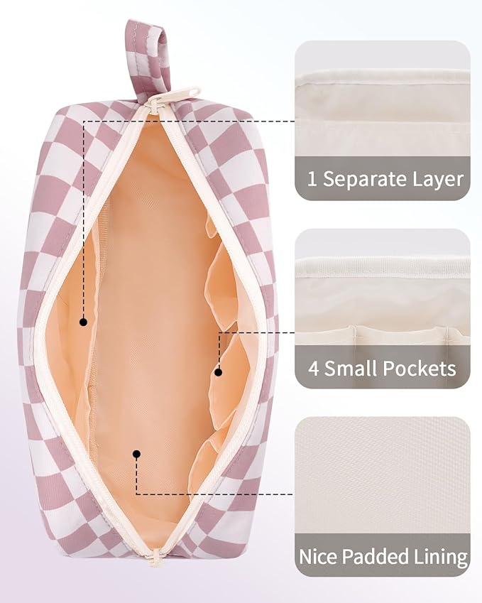 Narwey Checkered Makeup Bag, Travel Cosmetic Bag Organizer, Toiletry Bag Make Up Bags with Organized Pockets for Women (Dusty Rose Checkerboard, Large)