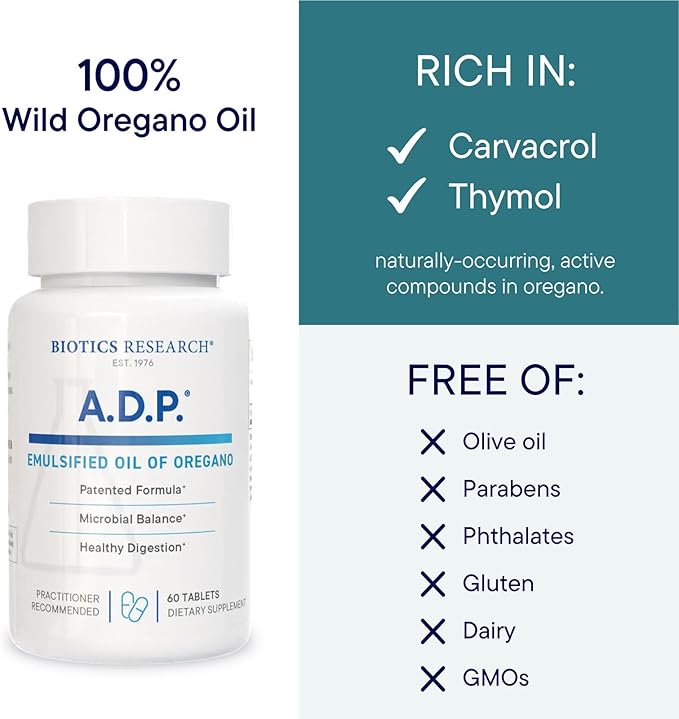 Biotics Research A.D.P. Emulsified Oil of Oregano Tablets for GI Health -Sustained Release for High Absorption Contains Carvacrol, Wild Oregano Oil 50mg/S - Patented Formula -Non GMO –60 Tablets
