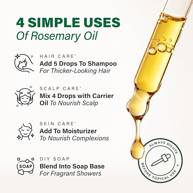 100% Pure Rosemary Oil - 4 Fl Oz Rosemary Essential Oil for Hair, Skin, Diffuser, Aromatherapy & DIY Soap Making Scent