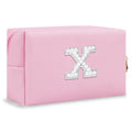 Personalized Makeup Bag Initial A-Z Preppy Patch Bag,Small PU Leather Travel Cosmetic Bag Pouch with Zipper,White Cute Toiletry Bag,Gift Ideal for Teen Girls Women Birthday Friend Mom,Letter X