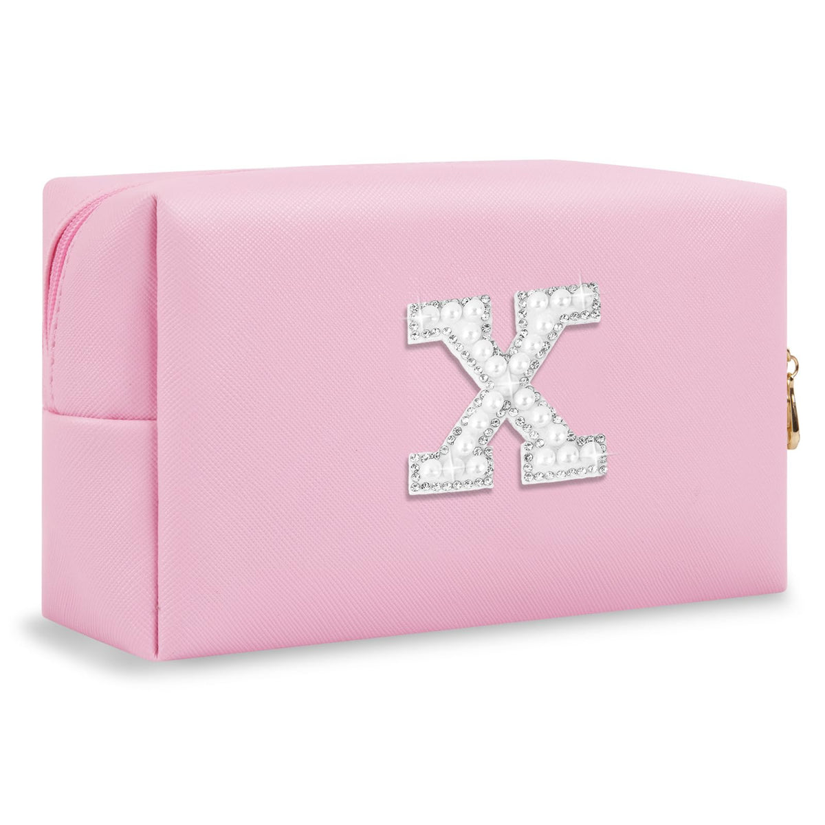 Personalized Makeup Bag Initial A-Z Preppy Patch Bag,Small PU Leather Travel Cosmetic Bag Pouch with Zipper,White Cute Toiletry Bag,Gift Ideal for Teen Girls Women Birthday Friend Mom,Letter X