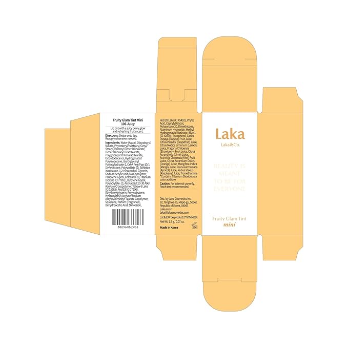 Laka Fruity Glam Lip Tint Mini, Glowing Lip Stain with Wide Color Spectrum, Hydrating & Lightweight Texture, Long-Lasting Bold Stain, Non-Sticky, Vegan, K-Beauty (#106 Juicy)