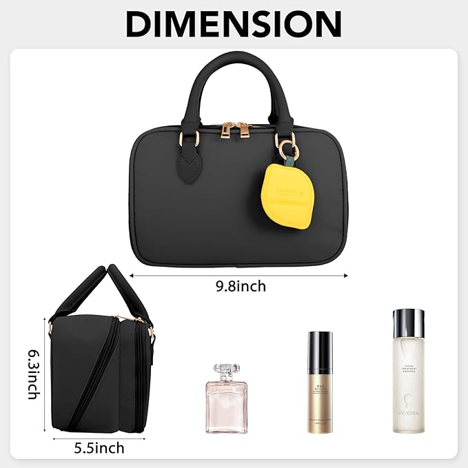 HauteHues Travel Makeup Bag for Women Stand Up Cosmetic Toiletry Case Black